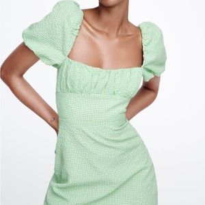 Zara - Green & White Textured Gingham Puff Sleeve Backless Dress - Size S